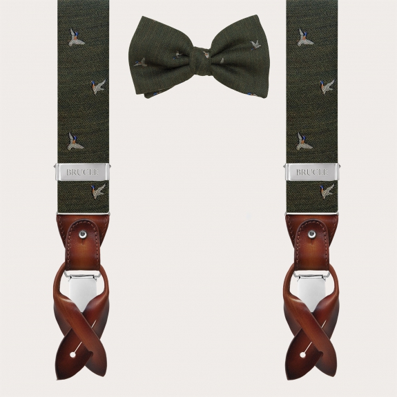 Coordinated wool set with suspenders clips or buttons and green duck-pattern bow tie