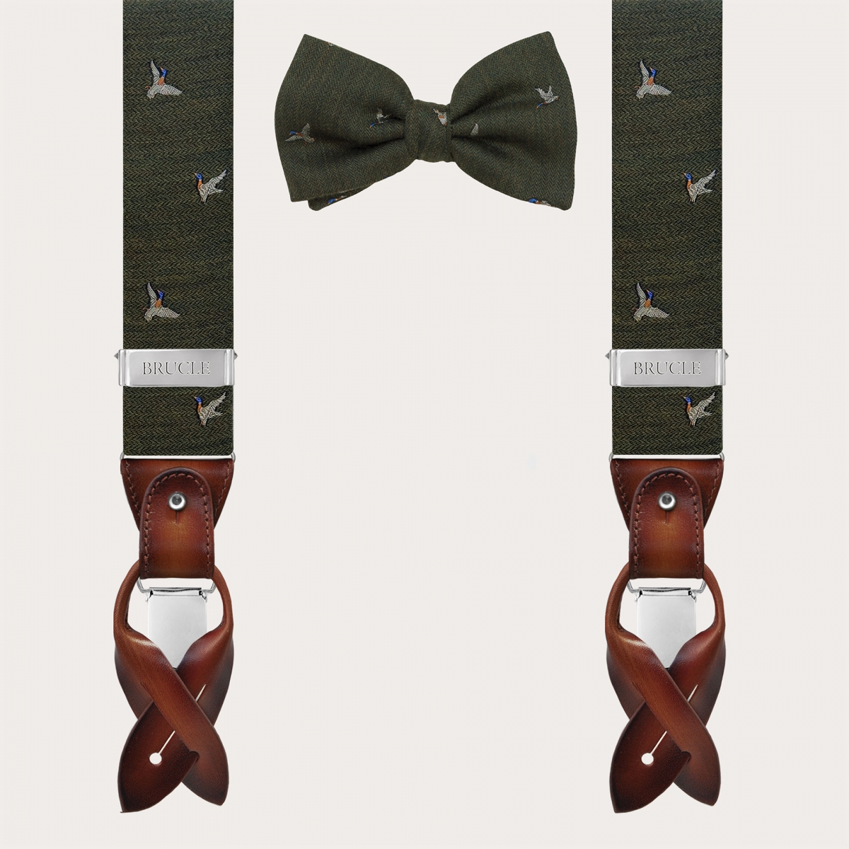 Coordinated wool set with suspenders clips or buttons and green duck-pattern bow tie