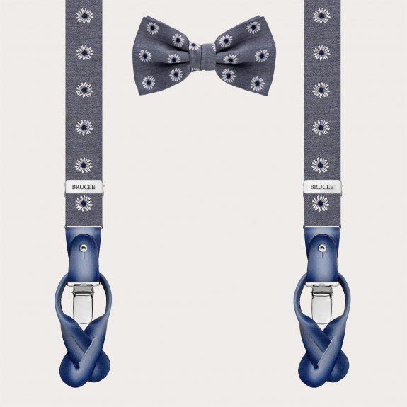 Coordinated set grey floral bow tie and narrow suspenders clip or button attachments