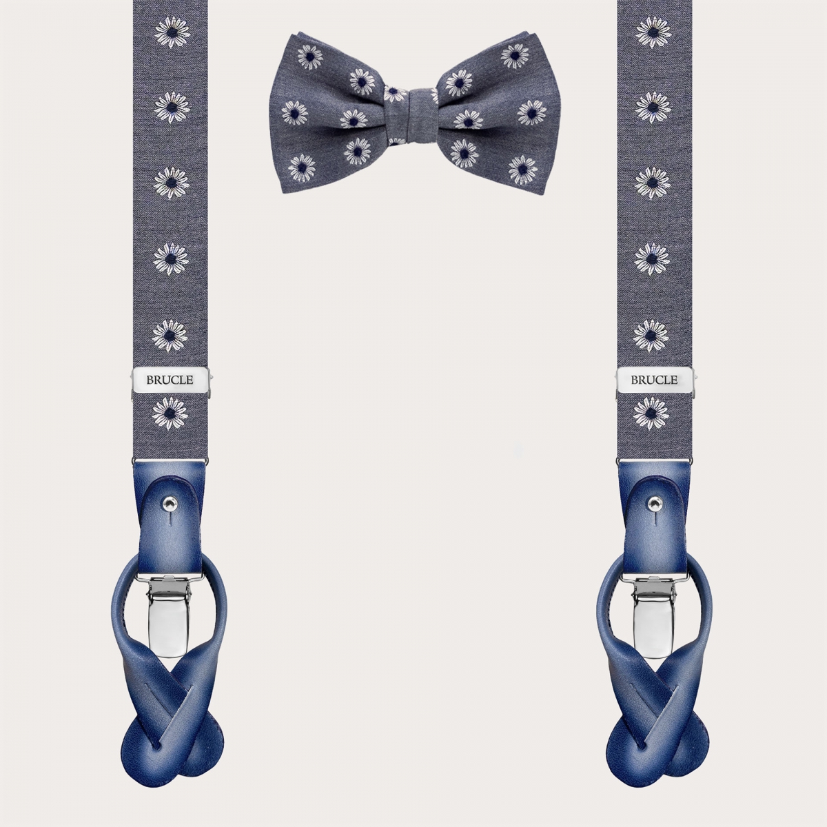 Coordinated set grey floral bow tie and narrow suspenders clip or button attachments