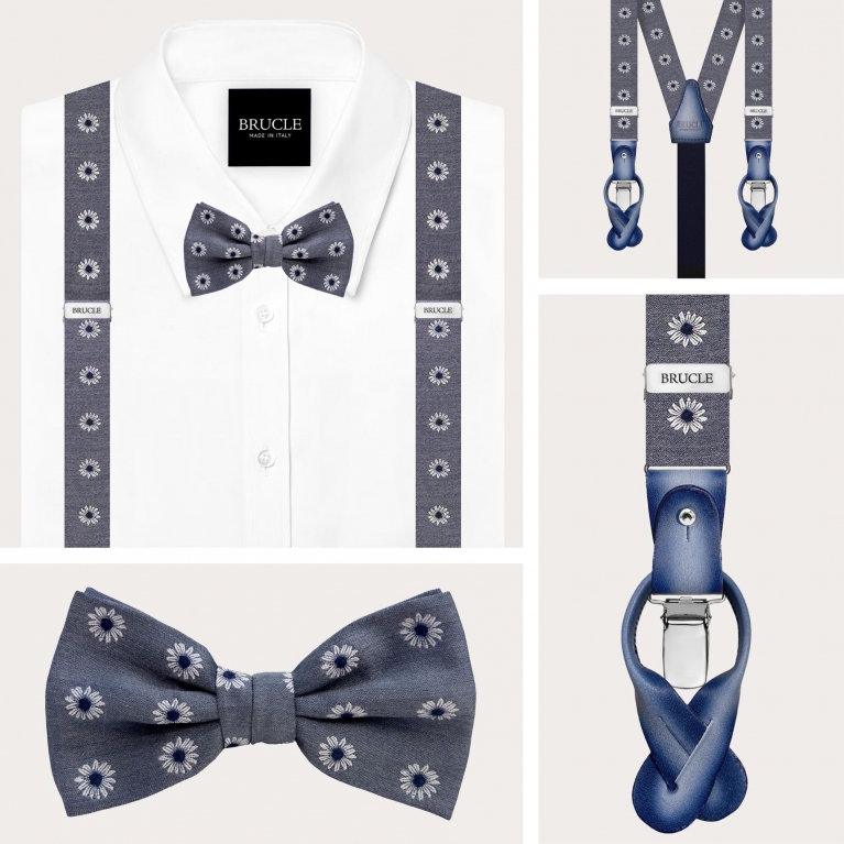 Coordinated set grey floral bow tie and narrow suspenders clip or button attachments