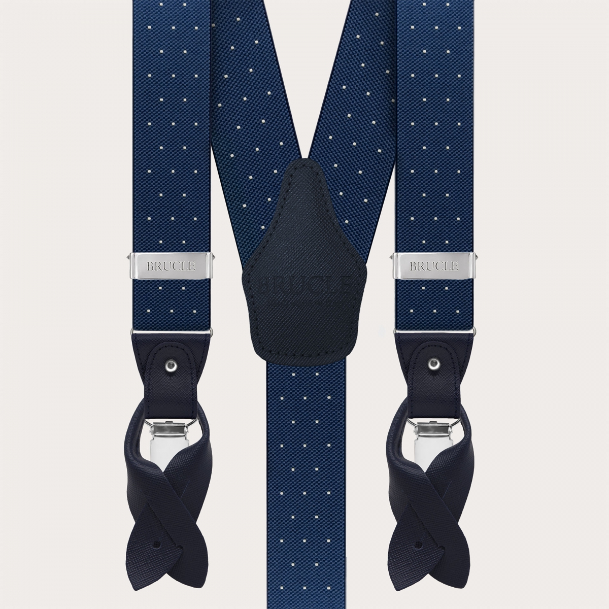 Blue polka dot suspenders, dual-use with buttons and nickel-free clips