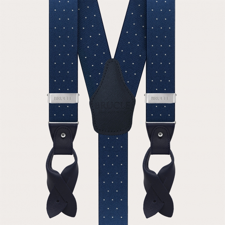 Blue polka dot suspenders, dual-use with buttons and nickel-free clips