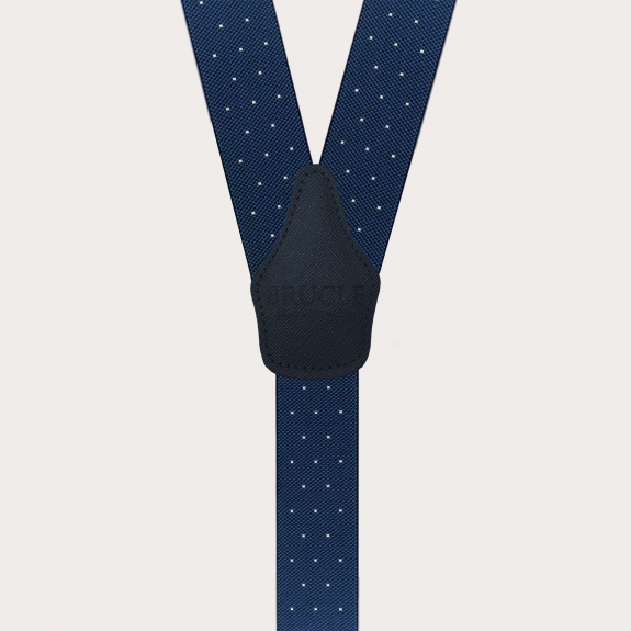 Blue polka dot suspenders, dual-use with buttons and nickel-free clips