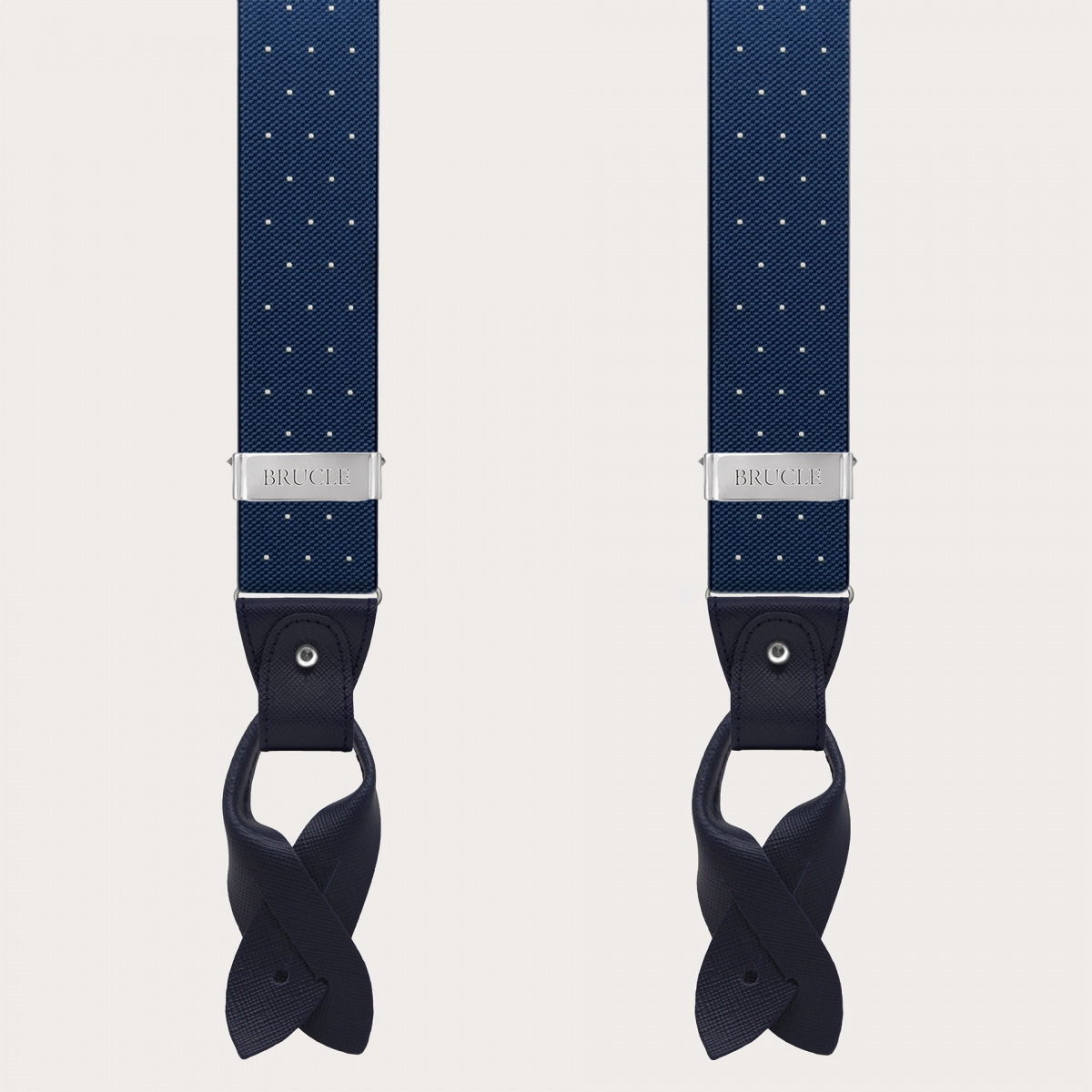 Blue polka dot suspenders, dual-use with buttons and nickel-free clips