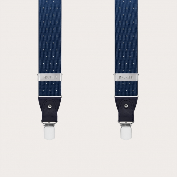 Blue polka dot suspenders, dual-use with buttons and nickel-free clips