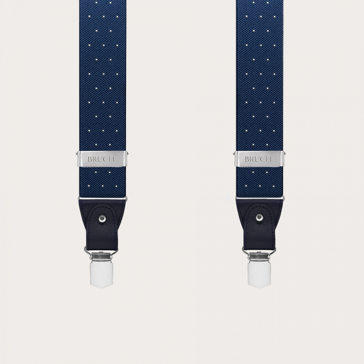 Blue polka dot suspenders, dual-use with buttons and nickel-free clips