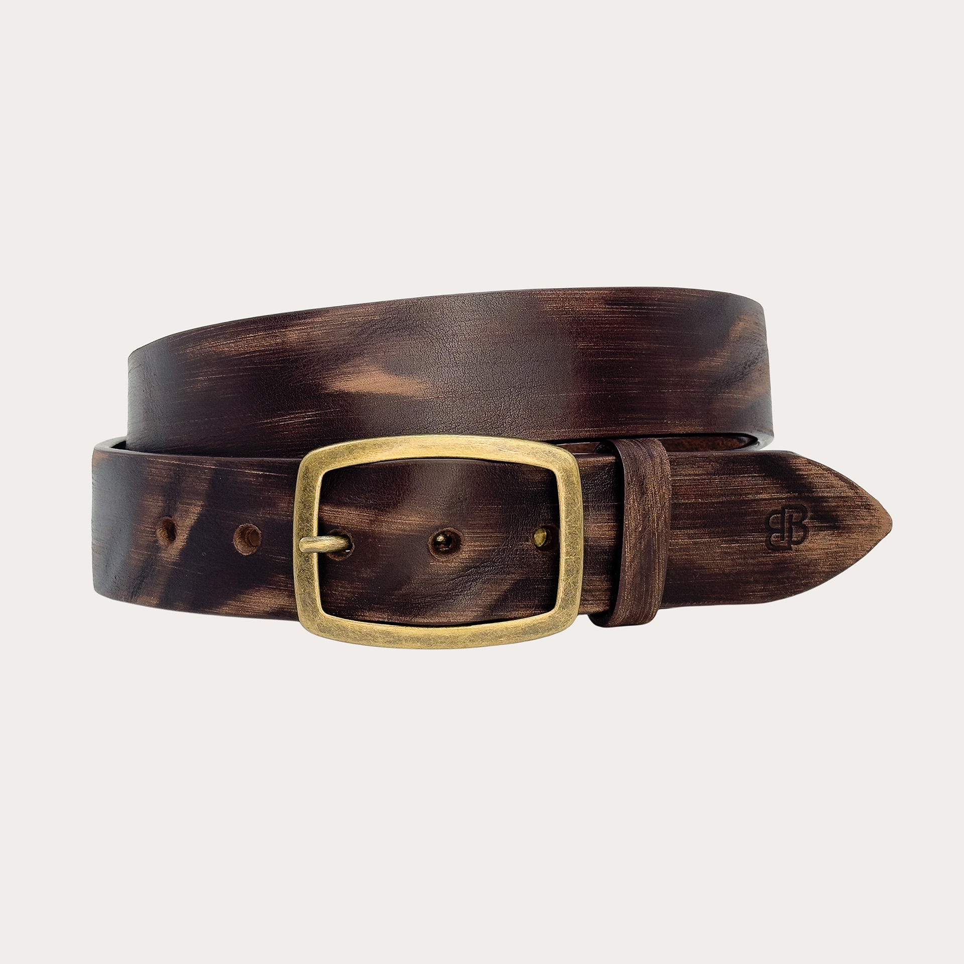 Casual belt in dark brown leather with a distressed effect