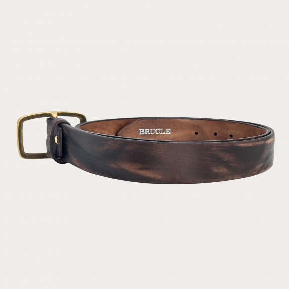 Casual belt in dark brown leather with a distressed effect