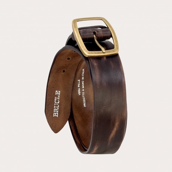 Casual belt in dark brown leather with a distressed effect