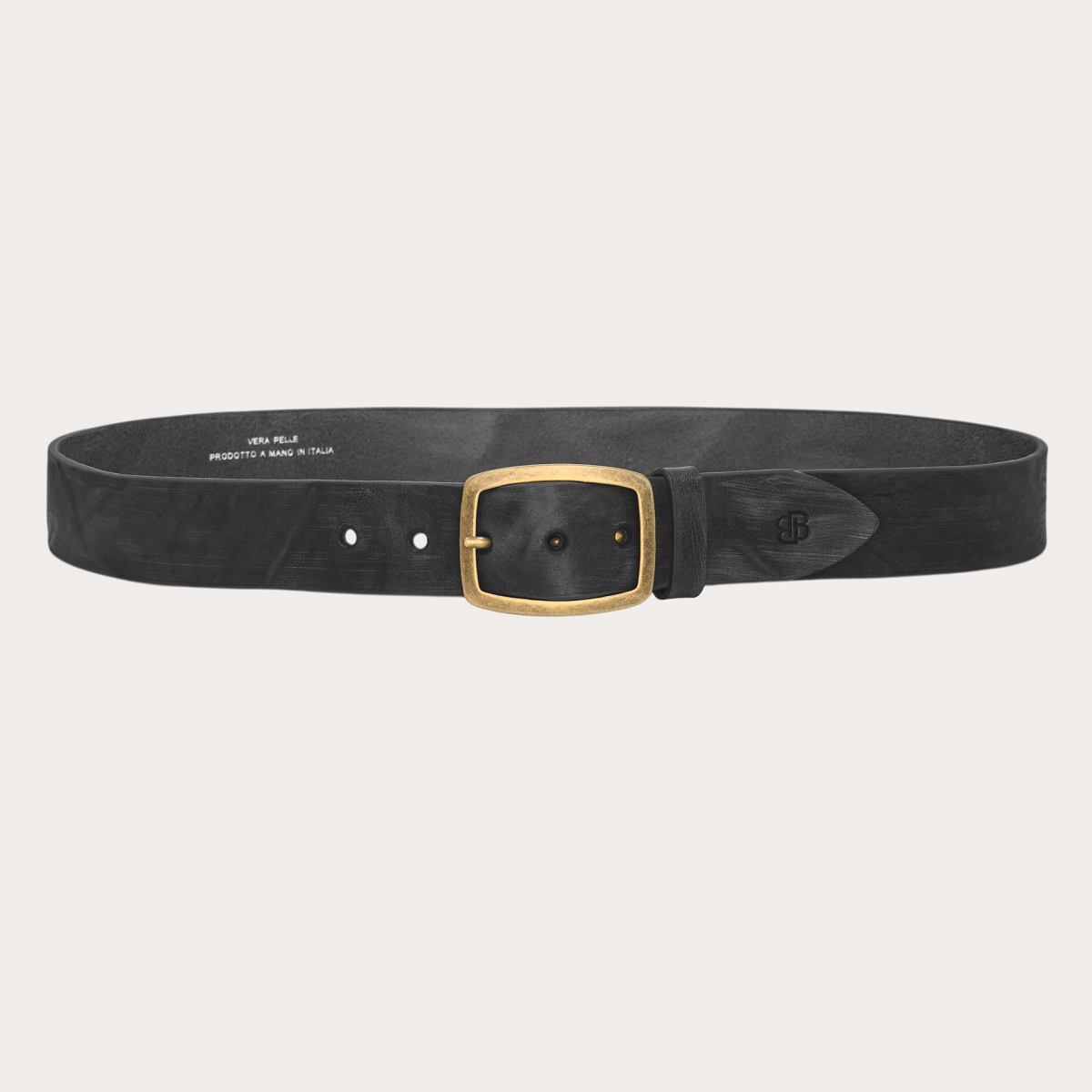 Black leather belt with a distressed effect