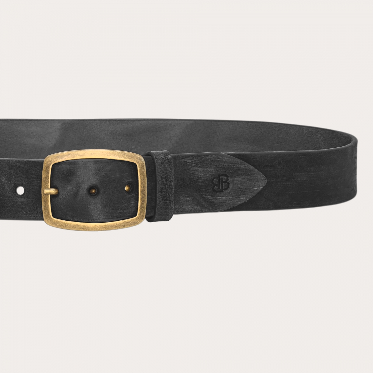 Black leather belt with a distressed effect