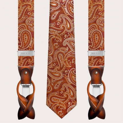 Conjunto de tirantes y corbata de seda con estampado paisley naranja