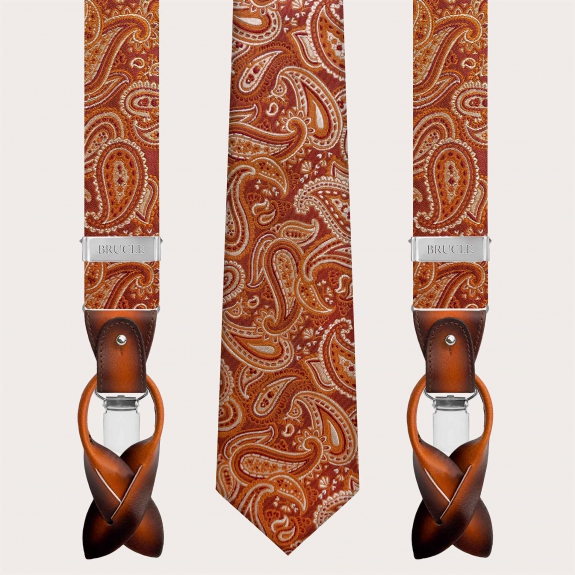 Silk suspender and tie set with orange paisley pattern