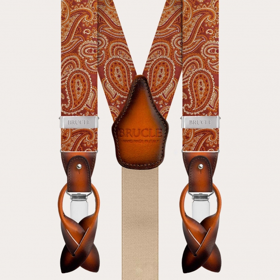 Silk suspender and tie set with orange paisley pattern