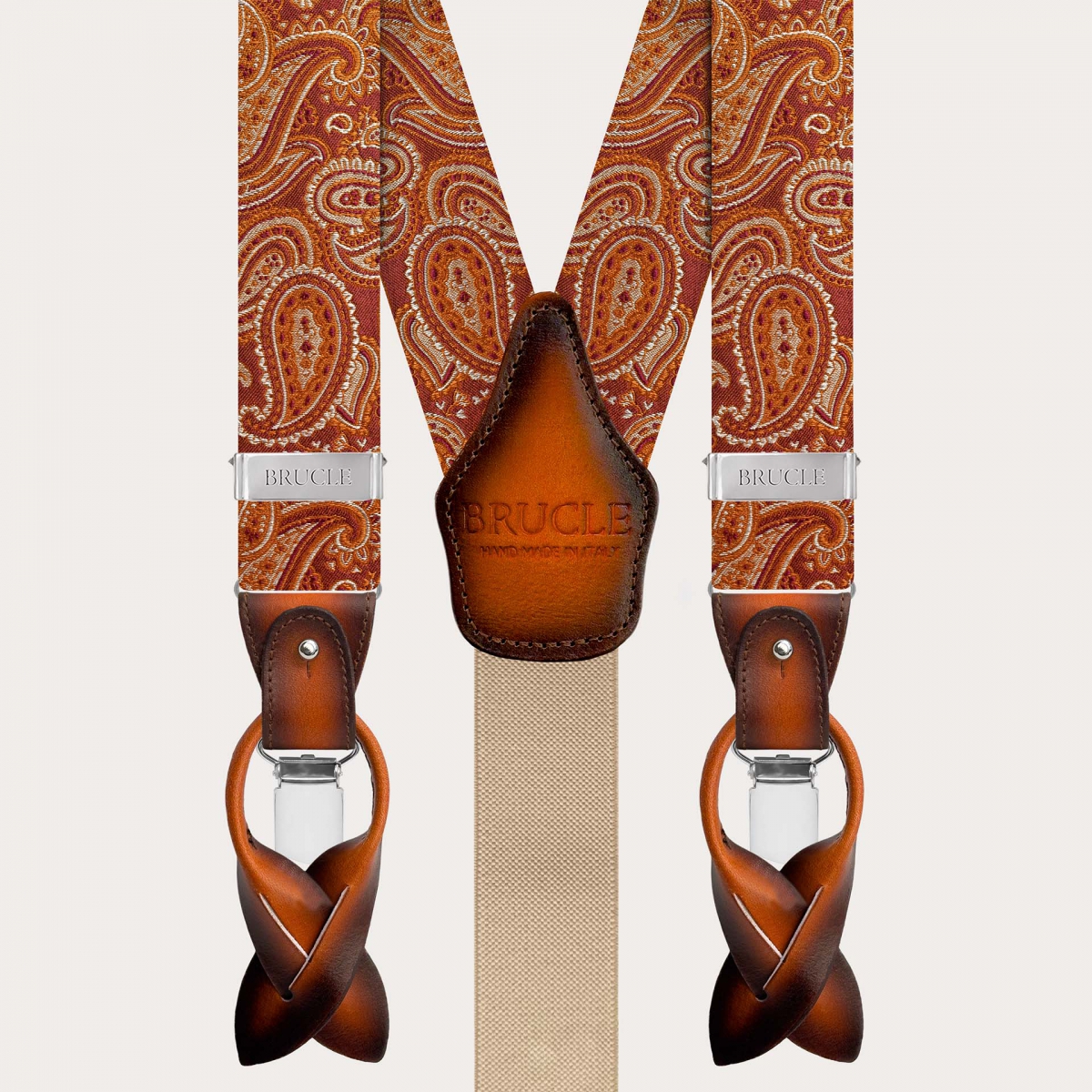 Silk suspender and tie set with orange paisley pattern