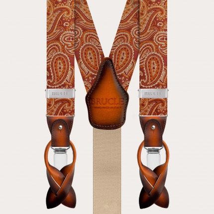 Elegant orange paisley silk suspenders with hand-faded leather