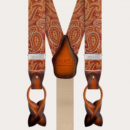 Elegant orange paisley silk suspenders with hand-faded leather