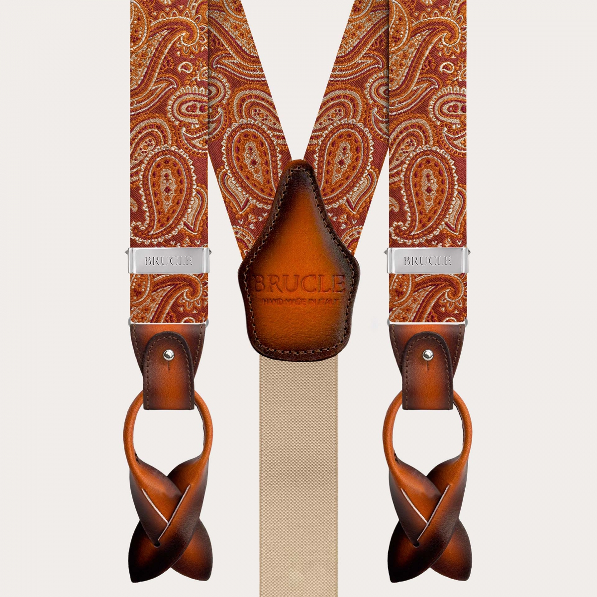 Elegant orange paisley silk suspenders with hand-faded leather