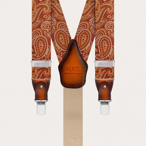 Elegant orange paisley silk suspenders with hand-faded leather