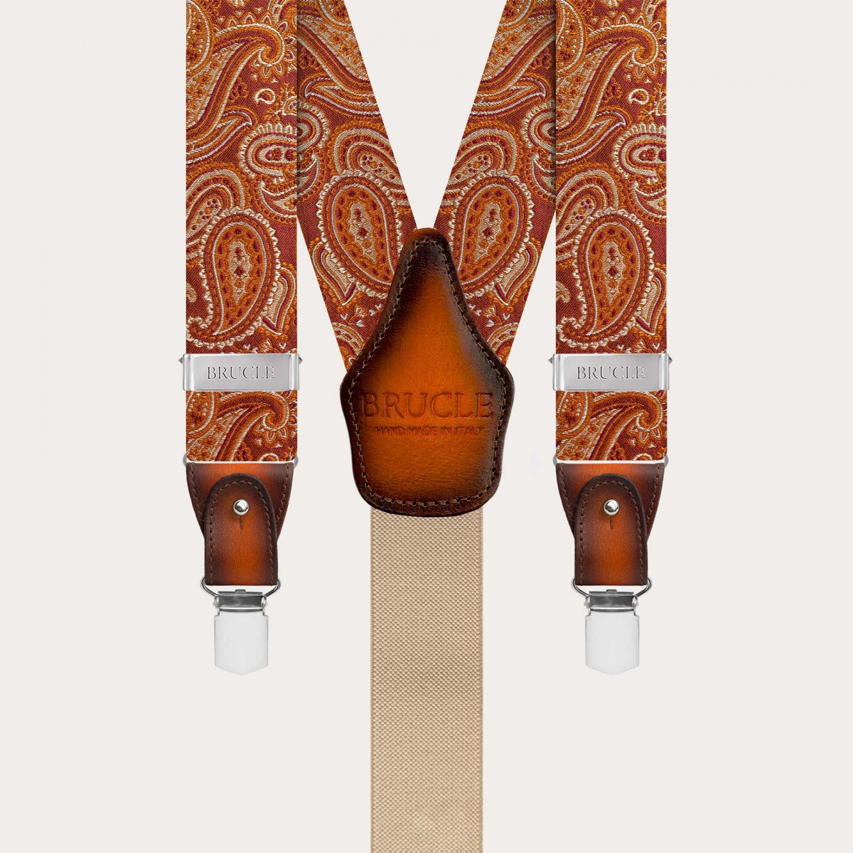 Elegant orange paisley silk suspenders with hand-faded leather