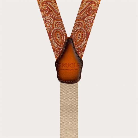 Elegant orange paisley silk suspenders with hand-faded leather