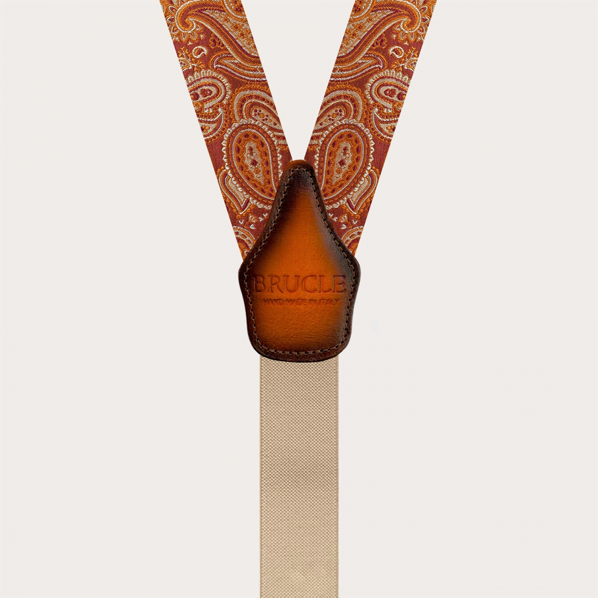 Elegant orange paisley silk suspenders with hand-faded leather