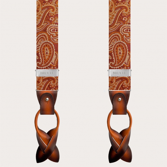 Elegant orange paisley silk suspenders with hand-faded leather