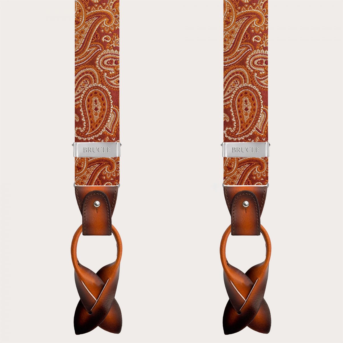 Elegant orange paisley silk suspenders with hand-faded leather