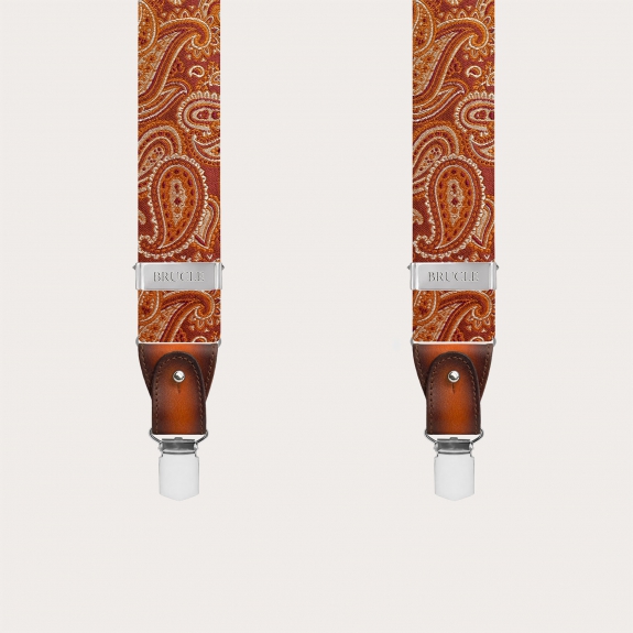 Elegant orange paisley silk suspenders with hand-faded leather