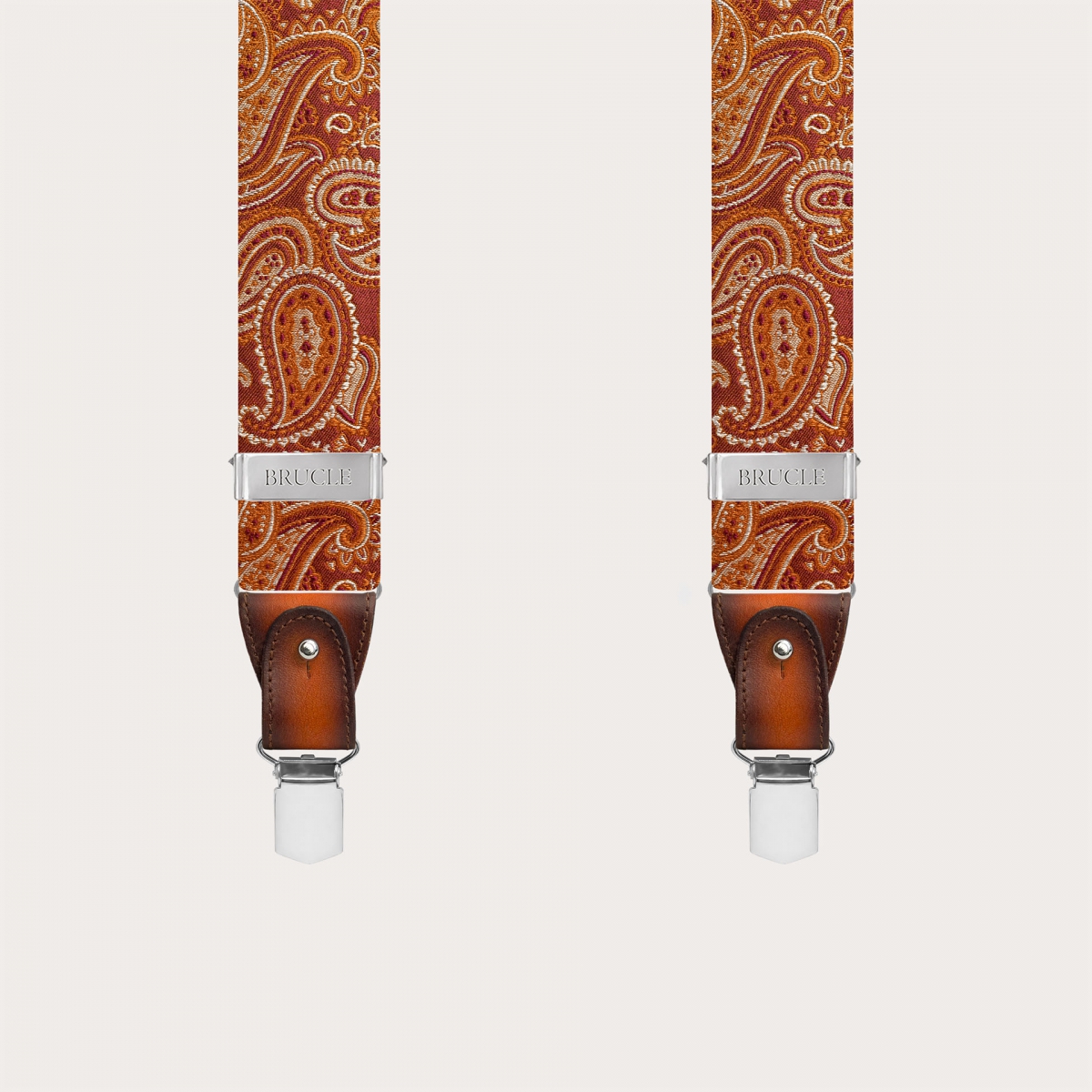 Elegant orange paisley silk suspenders with hand-faded leather