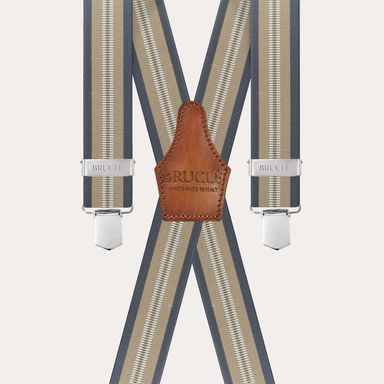 Unisex beige and blue striped suspenders with 4 clips