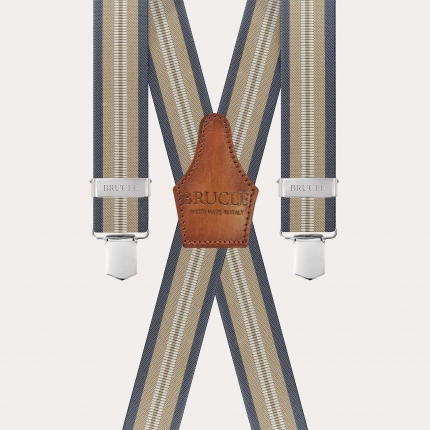 Unisex beige and blue striped suspenders with 4 clips