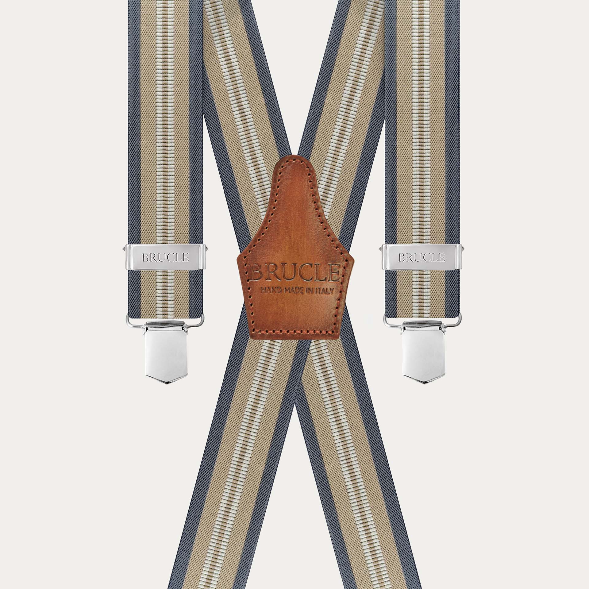 Unisex beige and blue striped suspenders with 4 clips