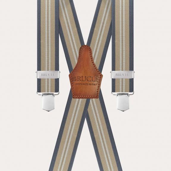 Unisex beige and blue striped suspenders with 4 clips