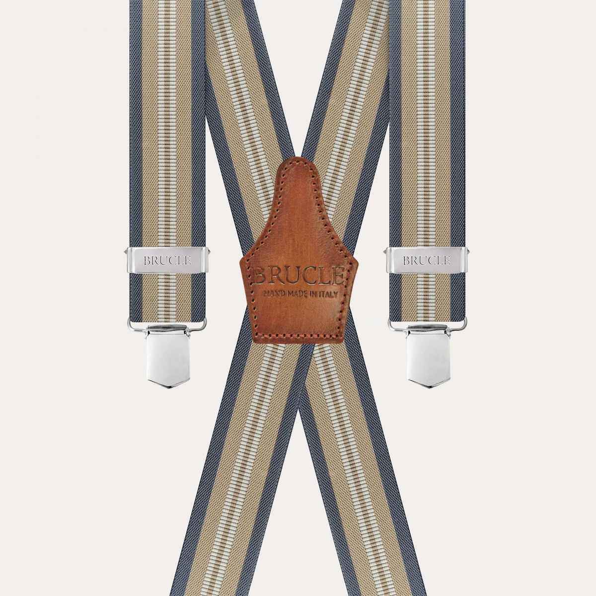 Unisex beige and blue striped suspenders with 4 clips