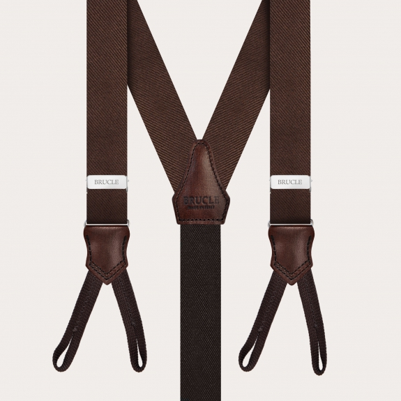 Thin suspenders with buttonholes, bow tie and pochette in brown silk