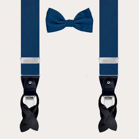 Coordinated suspenders and bow tie in ultramarine blue silk satin