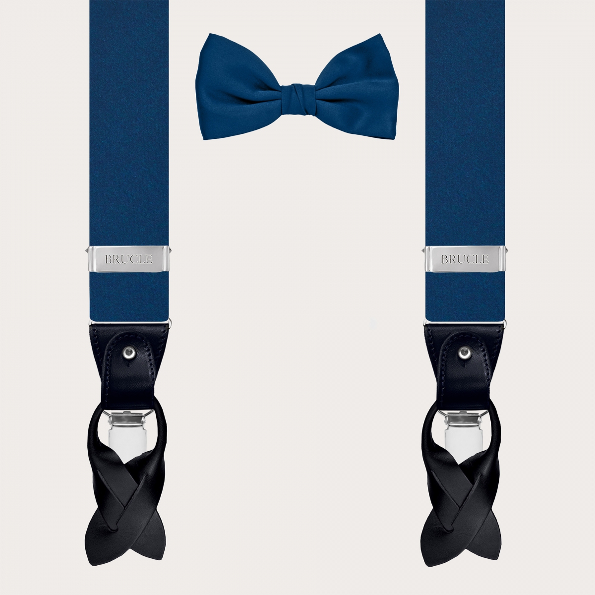 Coordinated suspenders and bow tie in ultramarine blue silk satin