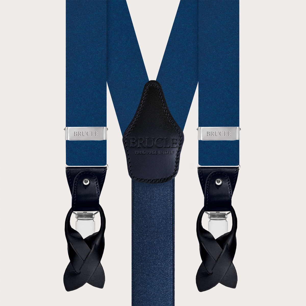 Coordinated suspenders and bow tie in ultramarine blue silk satin