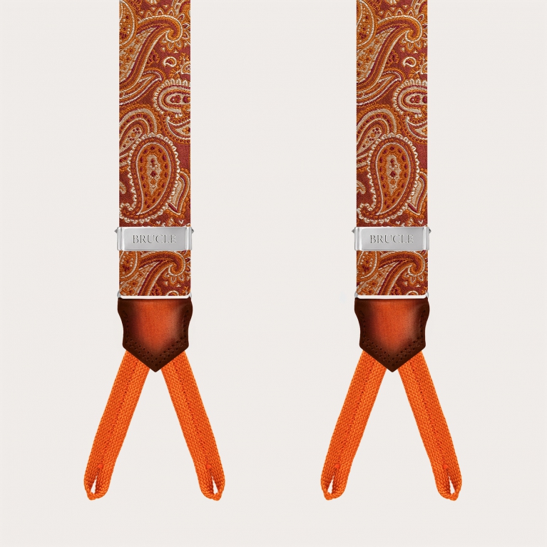 Bretelles boutonnées en soie paisley orange marsala avec cuir dégradé à la main