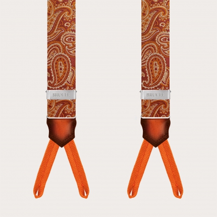 Bretelles boutonnées en soie paisley orange marsala avec cuir dégradé à la main