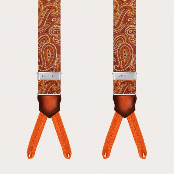 Bretelles boutonnées en soie paisley orange marsala avec cuir dégradé à la main