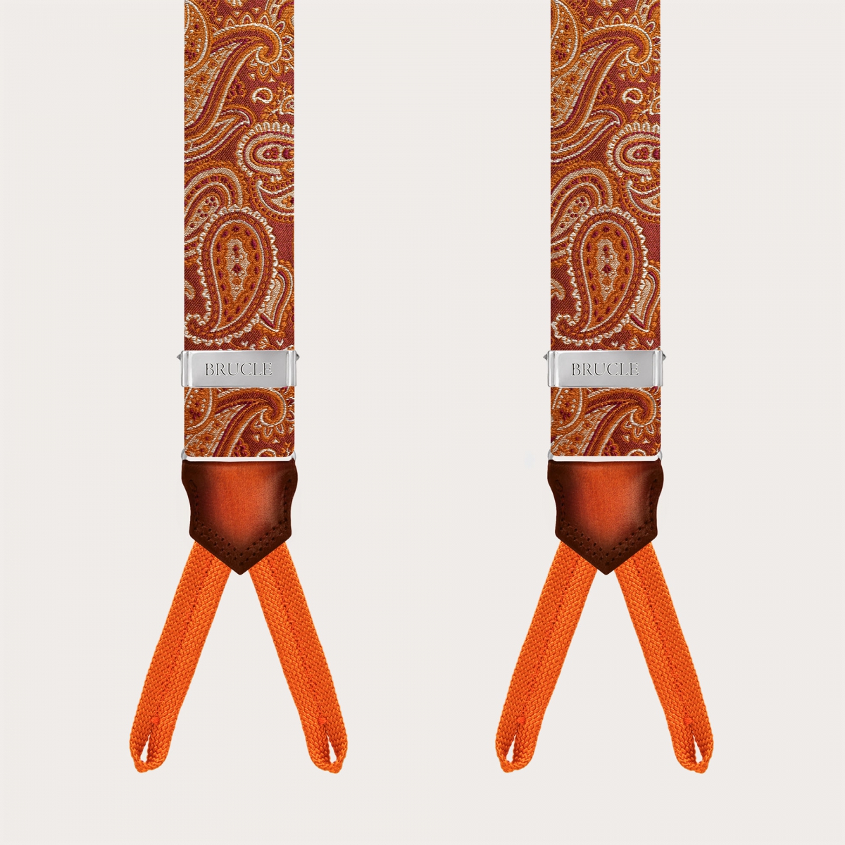 Bretelles boutonnées en soie paisley orange marsala avec cuir dégradé à la main