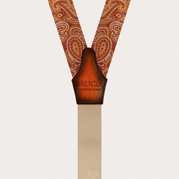 Marsala Orange Paisley Seidenknopf Hosenträger mit handgeschattiertem Leder