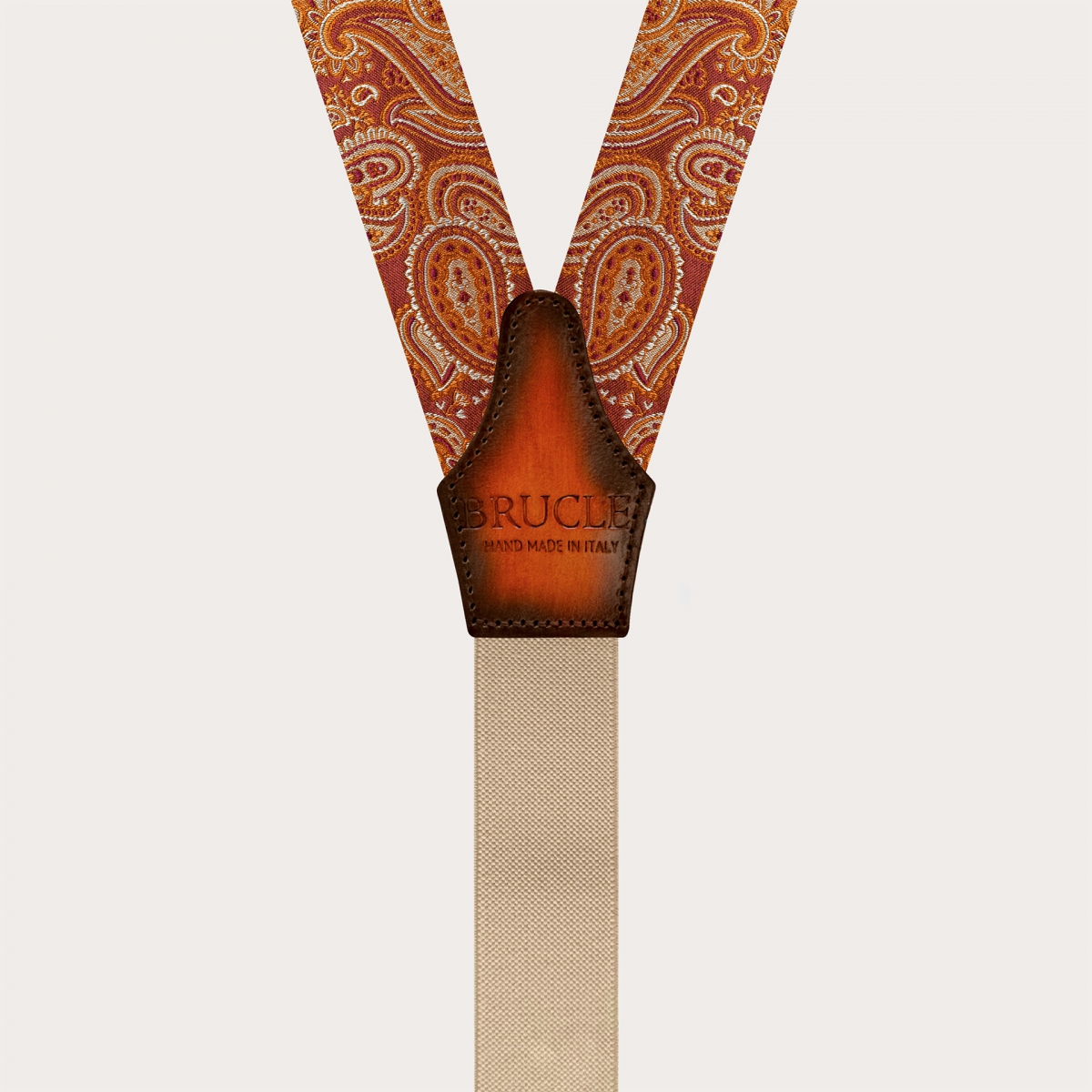 Marsala Orange Paisley Seidenknopf Hosenträger mit handgeschattiertem Leder