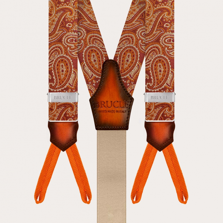 Bretelles boutonnées en soie paisley orange marsala avec cuir dégradé à la main