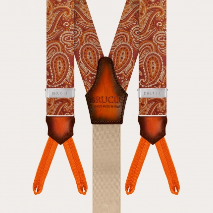 Bretelles boutonnées en soie paisley orange marsala avec cuir dégradé à la main