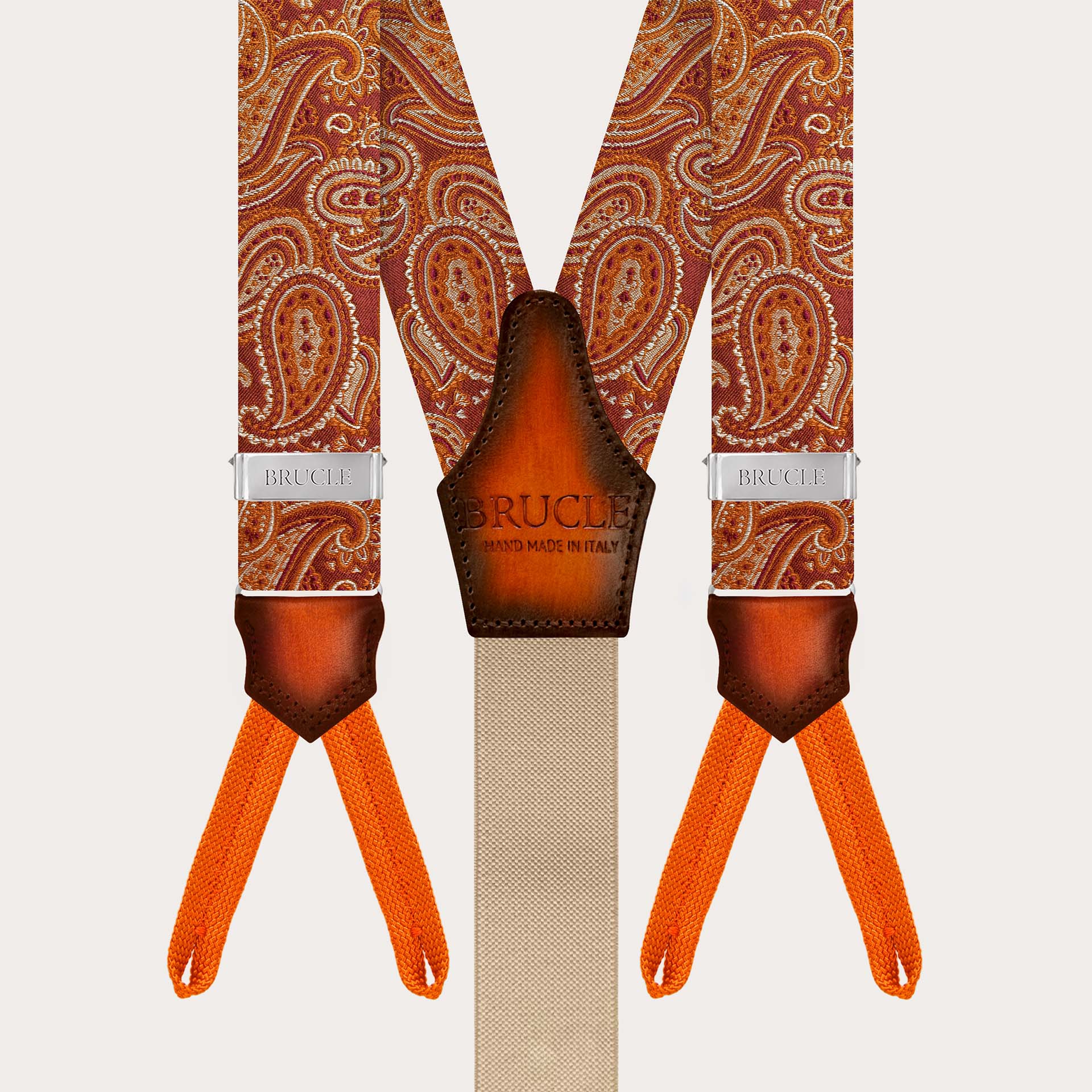 Bretelles boutonnées en soie paisley orange marsala avec cuir dégradé à la main