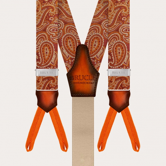 Bretelles boutonnées en soie paisley orange marsala avec cuir dégradé à la main